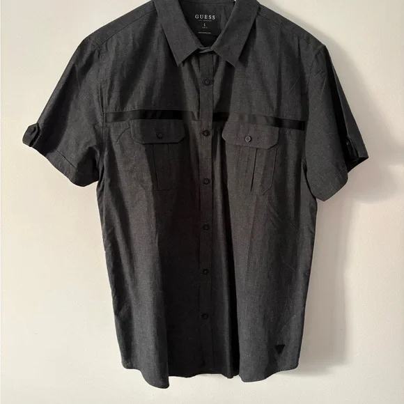 Guess Men's Short Sleeve Button-Down Shirt with P.U leather detail - Picture 3 of 10
